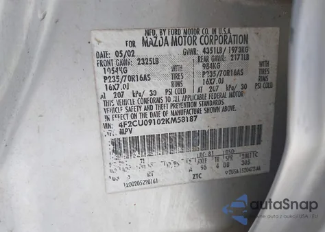 2002 Mazda Tribute from USA, damaged, VIN 4F2CU09102KM58187